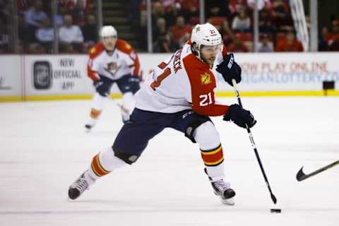 Feb 8, 2016; Detroit, MI, USA; Florida Panthers center Vincent Trocheck (21) skates with the puck in the first period against the Detroit Red Wings at Joe Louis Arena. Mandatory Credit: Rick Osentoski-USA TODAY Sports