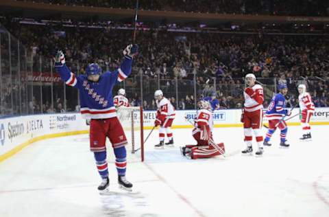 NEW YORK, NEW YORK – NOVEMBER 06: Ryan Strome #16 of the New York Rangers celebrates his power-play goal at 8:49 of the second period against Jimmy Howard #35 of the Detroit Red Wings at Madison Square Garden on November 06, 2019 in New York City. (Photo by Bruce Bennett/Getty Images)