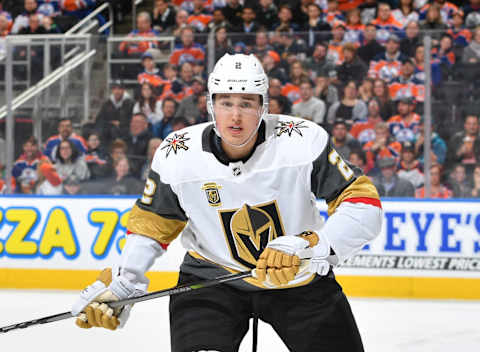 EDMONTON, AB – APRIL 5: Zach Whitecloud #2 of the Vegas Golden Knights skates during the game against the Edmonton Oilers on April 5, 2018 at Rogers Place in Edmonton, Alberta, Canada. (Photo by Andy Devlin/NHLI via Getty Images)