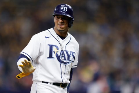 ST PETERSBURG, FLORIDA – OCTOBER 08: Wander Franco #5 of the Tampa Bay Rays reacts in the first inning against the Boston Red Sox during Game 2 of the American League Division Series at Tropicana Field on October 08, 2021 in St Petersburg, Florida. (Photo by Douglas P. DeFelice/Getty Images)