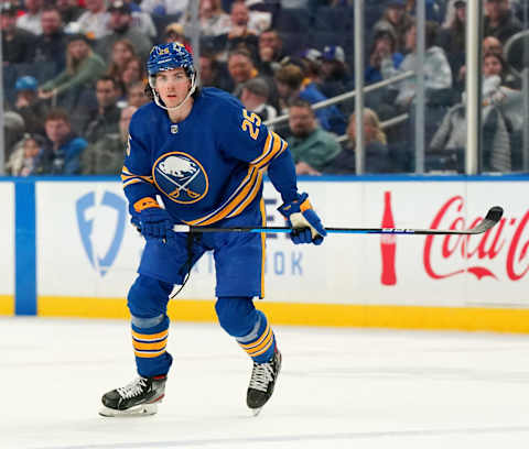 BUFFALO, NY – APRIL 14: Owen Power #25 of the Buffalo Sabres playing in his home debut NHL 1st overall pick against the St. Louis Blues at KeyBank Center on April 14, 2022 in Buffalo, New York. (Photo by Kevin Hoffman/Getty Images)