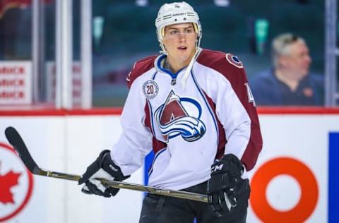 Mar 18, 2016; Calgary, Alberta, CAN; Colorado Avalanche defenseman Tyson Barrie (4) controls the puck during the warmup period against the Calgary Flames at Scotiabank Saddledome. Mandatory Credit: Sergei Belski-USA TODAY Sports