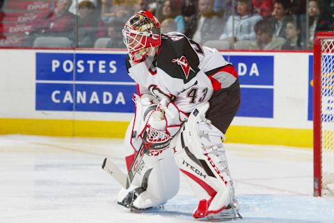 MONTREAL, CANADA – NOVEMBER 5: Goalie Martin Biron #43 of the Buffalo Sabres looks on against the Montreal Canadiens during the NHL game at the Bell Centre on November 5, 2005 in Montreal, Canada. The Canadiens won 3-2. (Photo by Charles Laberge/Getty Images)