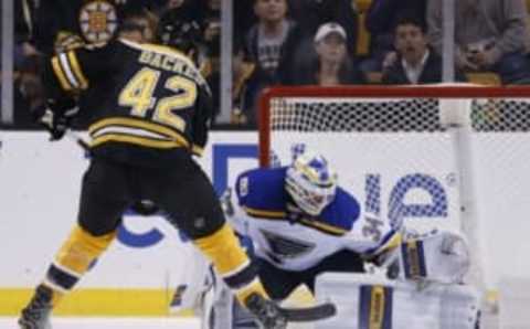 Nov 22, 2016; Boston, MA, USA; Boston Bruins right wing David Backes (42) scores a goal on St. Louis Blues goalie Jake Allen (34) during the first period at TD Garden. Mandatory Credit: Greg M. Cooper-USA TODAY Sports