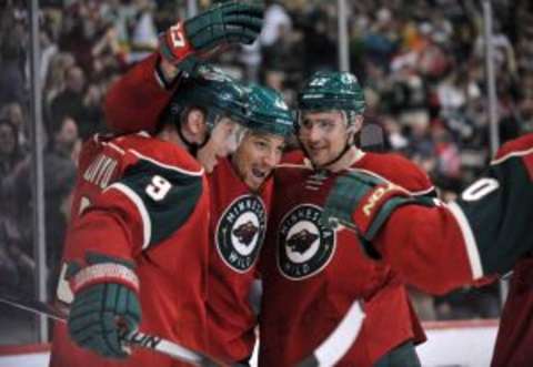 Mar 10, 2015; Saint Paul, MN, USA; Minnesota Wild forward Chris Stewart (44) (center) celebrates his goal with forward Mikko Koivu (9) (L) and forward Nino Niederreiter (22) (R) during the second period against the New Jersey Devils at Xcel Energy Center. Mandatory Credit: Marilyn Indahl-USA TODAY Sports