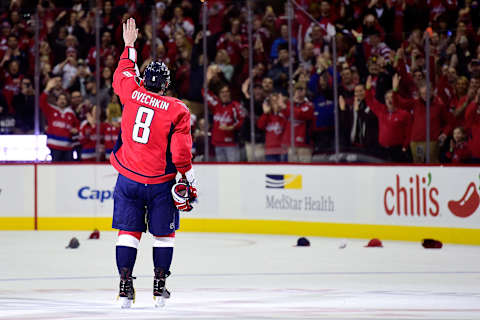 WASHINGTON, DC – JANUARY 10: Alex Ovechkin #8 of the Washington Capitals celebrates after scoring his 500th career NHL goal in the second period during an NHL game against the Ottawa Senators at Verizon Center on January 10, 2016 in Washington, DC. (Photo by Patrick McDermott/NHLI via Getty Images)