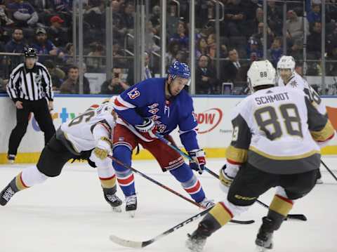 NEW YORK, NEW YORK – DECEMBER 16: Kevin Hayes #13 of the New York Rangers skates against the Vegas Golden Knights at Madison Square Garden on December 16, 2018 in New York City. The Golden Knights defeated the Rangers 4-3 in overtime. (Photo by Bruce Bennett/Getty Images)