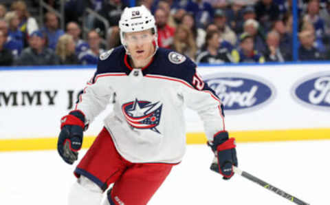 Jan 8, 2019; Tampa, FL, USA; Columbus Blue Jackets center Riley Nash (20) during the third period at Amalie Arena. Mandatory Credit: Kim Klement-USA TODAY Sports