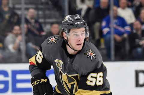 LAS VEGAS, NV – JANUARY 7: Erik Haula #56 of the Vegas Golden Knights skates with the puck against the New York Rangers during the game at T-Mobile Arena on January 7, 2018, in Las Vegas, Nevada. (Photo by Jeff Bottari/NHLI via Getty Images)