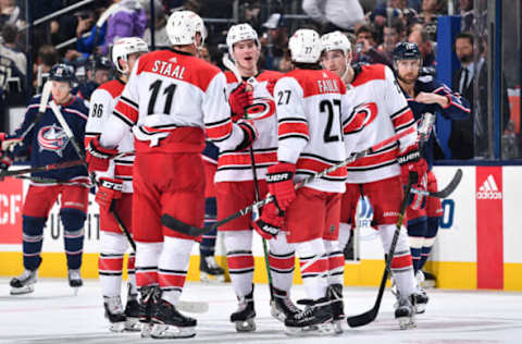 COLUMBUS, OH – MARCH 15: The Carolina Hurricanes talk prior to a face-off during the second period of a game against the Columbus Blue Jackets on March 15, 2019 at Nationwide Arena in Columbus, Ohio. (Photo by Jamie Sabau/NHLI via Getty Images)