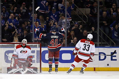 Dec 3, 2016; New York, NY, USA; New York Rangers right wing Michael Grabner (40) celebrates scoring a goal past Carolina Hurricanes goalie Michael Leighton (32) during the third period at Madison Square Garden. Mandatory Credit: Adam Hunger-USA TODAY Sports