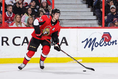 OTTAWA, ON – JANUARY 11: Thomas Chabot #72 of the Ottawa Senators skates with the puck against the Montreal Canadiens at Canadian Tire Centre on January 11, 2020 in Ottawa, Ontario, Canada. (Photo by Jana Chytilova/Freestyle Photography/Getty Images)