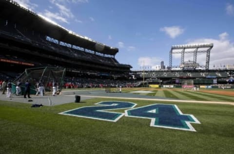 Aug 6, 2016; Seattle, WA, USA; A giant number 24 is painted on the field in honor of Seattle Mariners former player Ken Griffey Jr. before a game against the Los Angeles Angels at Safeco Field. The Mariners are retiring Griffey