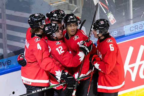 Quinton Byfield #19 of Canada. (Photo by Codie McLachlan/Getty Images)