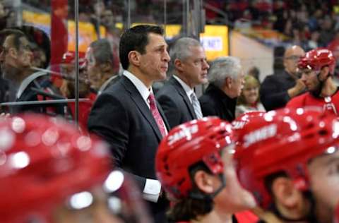 RALEIGH, NORTH CAROLINA – FEBRUARY 16: Head coach Rod Brind’Amour watches his team play against the Edmonton Oilers during the second period of their game at PNC Arena on February 16, 2020 in Raleigh, North Carolina. (Photo by Grant Halverson/Getty Images)