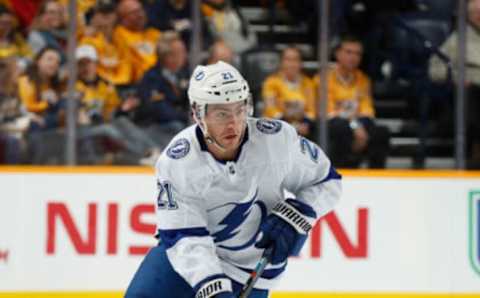 NASHVILLE, TN – NOVEMBER 19: Brayden Point #21 of the Tampa Bay Lightning skates against the Nashville Predators at Bridgestone Arena on November 19, 2018 in Nashville, Tennessee. (Photo by John Russell/NHLI via Getty Images)