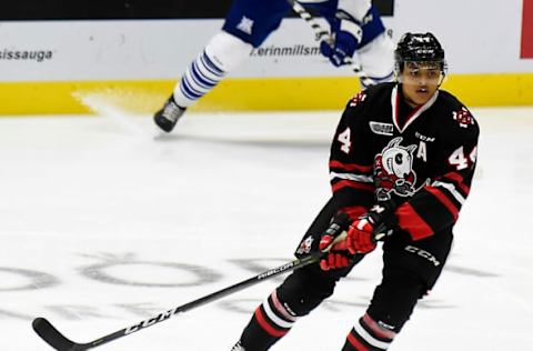 MISSISSAUGA, ON – OCTOBER 29: Akil Thomas #44 of the Niagara IceDogs turns up ice against the Mississauga Steelheads during game action on October 29, 2017. (Photo by Graig Abel/Getty Images)