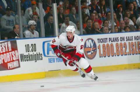 UNIONDALE, NY – OCTOBER 8: Forward Eric Staal #12 of the Carolina Hurricanes skates on the ice during the game against the New York Islanders on October 8, 2005, at the Nassau Coliseum in Uniondale, New York. The Islanders won 3-2. (Photo by Bruce Bennett/Getty Images)