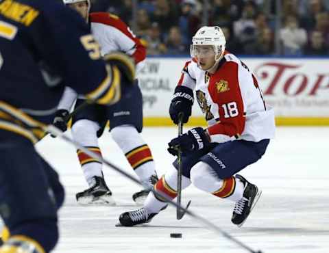 Feb 9, 2016; Buffalo, NY, USA; Florida Panthers right wing Reilly Smith (18) brings the puck into the Buffalo Sabres zone during the first period at First Niagara Center. Mandatory Credit: Kevin Hoffman-USA TODAY Sports