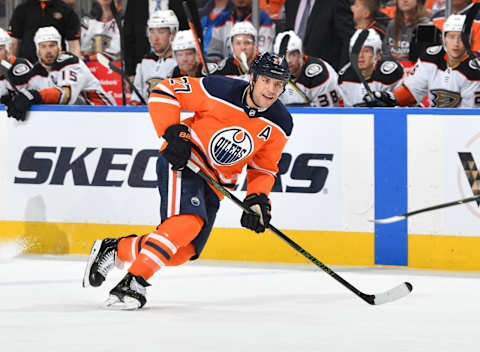 EDMONTON, AB – MARCH 25: Milan Lucic #27 of the Edmonton Oilers skates during the game against the Anaheim Ducks on March 25, 2018 at Rogers Place in Edmonton, Alberta, Canada. (Photo by Andy Devlin/NHLI via Getty Images)