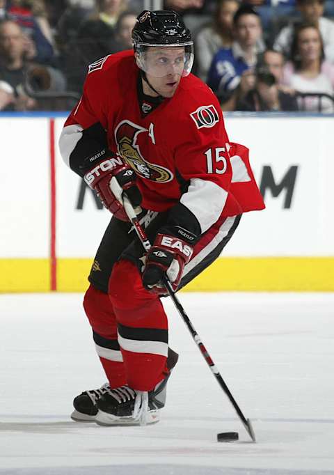 TORONTO – APRIL 11: Dany Heatley #15 of the Ottawa Senators skates with the puck in a game against the Toronto Maple Leafs on April 11, 2009 at the Air Canada Centre in Toronto, Ontario. The Leafs defeated the Senators on the strength of a 3 goal performance by Boyd Devereaux #22. (Photo by Claus Andersen/Getty Images)