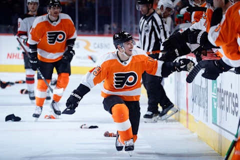 PHILADELPHIA, PENNSYLVANIA – DECEMBER 14: Cam Atkinson #89 of the Philadelphia Flyers celebrates after scoring his third goal of the game for the hat trick during the third period against the New Jersey Devils at Wells Fargo Center on December 14, 2021 in Philadelphia, Pennsylvania. (Photo by Tim Nwachukwu/Getty Images)