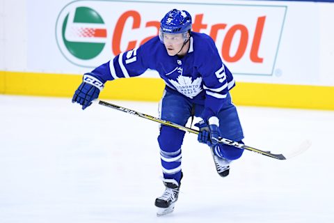 TORONTO, ON – FEBRUARY 21: Toronto Maple Leafs Defenceman Jake Gardiner (51) in warmups prior to the regular season NHL game between the Washington Capitals and Toronto Maple Leafs on February 21, 2019 at Scotiabank Arena in Toronto, ON. (Photo by Gerry Angus/Icon Sportswire via Getty Images)