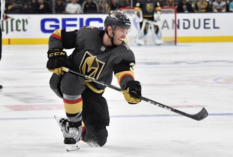 LAS VEGAS, NV – APRIL 21: Brayden McNabb #3 of the Vegas Golden Knights shoots the puck during the second overtime period against the San Jose Sharks in Game Six of the Western Conference First Round during the 2019 NHL Stanley Cup Playoffs at T-Mobile Arena on April 21, 2019 in Las Vegas, Nevada. (Photo by David Becker/NHLI via Getty Images)