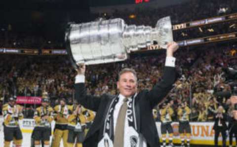 LAS VEGAS, NEVADA – JUNE 13: Head coach Bruce Cassidy of the Vegas Golden Knights celebrates the Stanley Cup victory over the Florida Panthers in Game Five of the 2023 NHL Stanley Cup Final at T-Mobile Arena on June 13, 2023, in Las Vegas, Nevada. (Photo by Bruce Bennett/Getty Images)