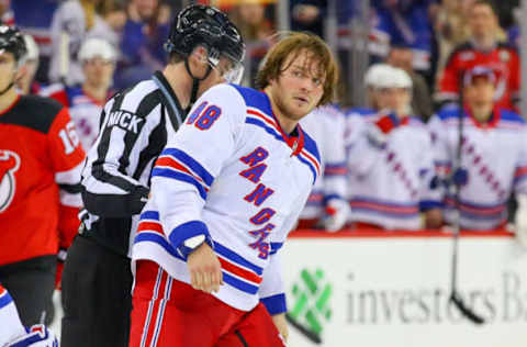 NEWARK, NJ – APRIL 01: New York Rangers left wing Brendan Lemieux (48) after fighting during the second period of the National Hockey League game between the New Jersey Devils and the New York Rangers on April 1, 2019 at the Prudential Center in Newark, NJ. (Photo by Rich Graessle/Icon Sportswire via Getty Images)