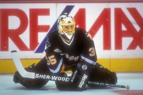 LANDOVER, MD – JANUARY 29: Tom Barrasso #35 of the Pittsburgh Penguins looks on before a hockey game against the Washington Capitals on January 29, 1995 at USAir Arena in Landover, Maryland. The Penguins won 4-1. (Photo by Mitchell Layton/Getty Images)