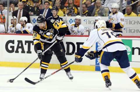 Jun 8, 2017; Pittsburgh, PA, USA; Pittsburgh Penguins right wing Patric Hornqvist (72) shoots the puck as Nashville Predators defenseman P.K. Subban (76) defends during the third period in game five of the 2017 Stanley Cup Final at PPG PAINTS Arena. Mandatory Credit: Charles LeClaire-USA TODAY Sports