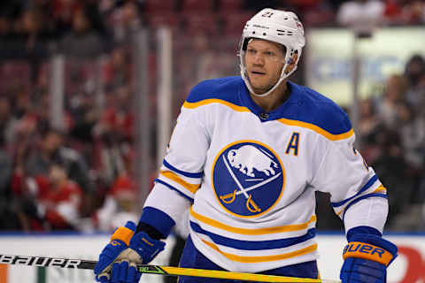 Dec 2, 2021; Sunrise, Florida, USA; Buffalo Sabres right wing Kyle Okposo (21) stands on the ice during the first period against the Florida Panthers at FLA Live Arena. Mandatory Credit: Jasen Vinlove-USA TODAY Sports