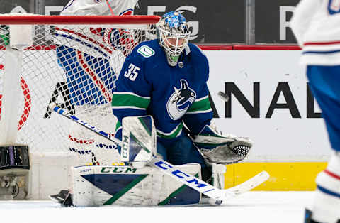 Thatcher Demko of the Vancouver Canucks. (Photo by Rich Lam/Getty Images)