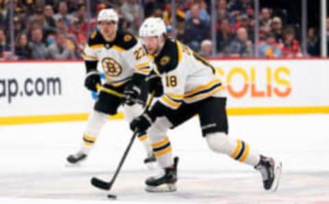 Jan 28, 2023; Sunrise, Florida, USA; Boston Bruins center Pavel Zacha (18) skates with the puck during the first period against the Florida Panthers at FLA Live Arena. Mandatory Credit: Jason Mowry-USA TODAY Sports