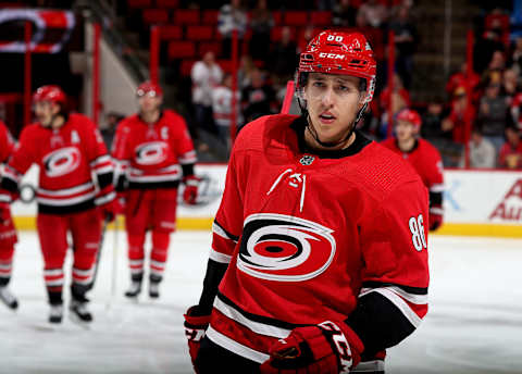 RALEIGH, NC – NOVEMBER 13: Teuvo Teravainen #86 of the Carolina Hurricanes celebrates after scoring his first career hat trick during an NHL game against the Dallas Stars on November 13, 2017 at PNC Arena in Raleigh, North Carolina. (Photo by Gregg Forwerck/NHLI via Getty Images)