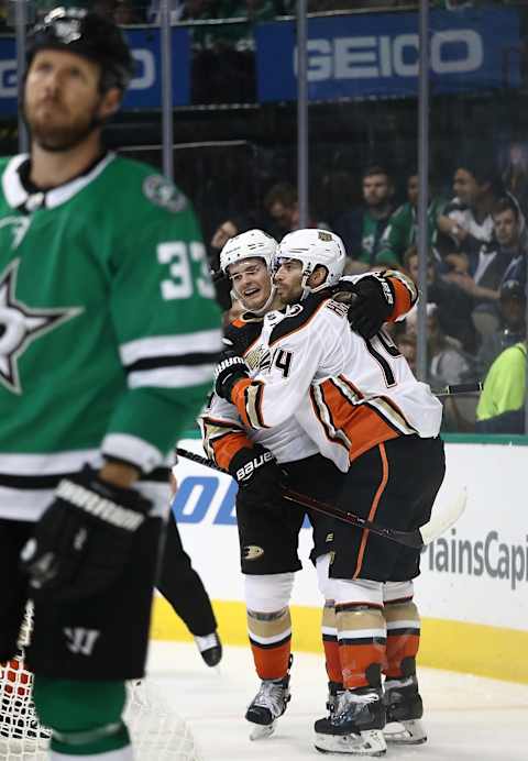 DALLAS, TX – OCTOBER 13: Sam Steel #34 and Adam Henrique #14 of the Anaheim Ducks celebrate a goal against the Dallas Stars in the second period at American Airlines Center on October 13, 2018, in Dallas, Texas. (Photo by Ronald Martinez/Getty Images)