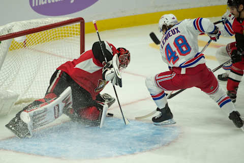 Nov 22, 2019; Ottawa, Ontario, CAN; Ottawa Senators goalie Anders Nilsson (31) makes a save on a shot from New York Rangers left wing Brendan Lemieux (48) in the third period at the Canadian Tire Centre. Mandatory Credit: Marc DesRosiers-USA TODAY Sports