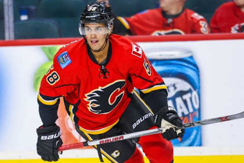 Sep 25, 2015; Calgary, Alberta, CAN; Calgary Flames defenseman Oliver Kylington (58) skates during the warmup period against the Vancouver Canucks at Scotiabank Saddledome. Mandatory Credit: Sergei Belski-USA TODAY Sports