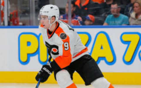 Feb 16, 2017; Edmonton, Alberta, CAN; Philadelphia Flyers defensemen Ivan Provorov (9) skates against the Edmonton Oilers at Rogers Place. Mandatory Credit: Perry Nelson-USA TODAY Sports