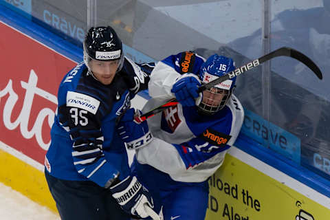 EDMONTON, AB – DECEMBER 30: Mikko Kokkonen #35 of Finland skates against Filip Mesar #15 of Slovakia during the 2021 IIHF World Junior Championship at Rogers Place on December 30, 2020 in Edmonton, Canada. (Photo by Codie McLachlan/Getty Images)