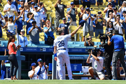 LOS ANGELES, CA – SEPTEMBER 23: Los Angeles Dodgers infielder Chase Uttley (26) waves to the crowd before a MLB game between the San Diego Padres and the Los Angeles Dodgers on September 23, 2018 at Dodger Stadium in Los Angeles, CA. (Photo by Brian Rothmuller/Icon Sportswire via Getty Images)