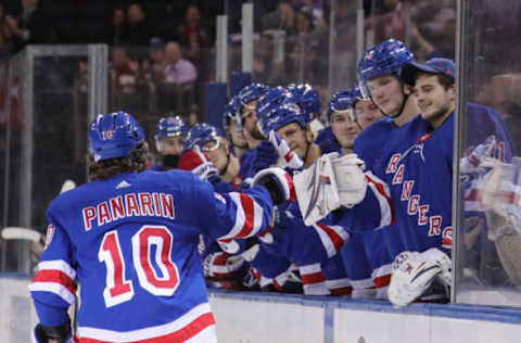 NEW YORK, NEW YORK – SEPTEMBER 18: Artemi Panarin #10 of the New York Rangers celebrates his second period goal against the New Jersey Devils at Madison Square Garden on September 18, 2019 in New York City. (Photo by Bruce Bennett/Getty Images)