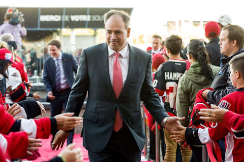 OTTAWA, ON – OCTOBER 4: Pierre Dorion, General Manager of the Ottawa Senators, walks the red carpet prior to the start of their home opener against the Chicago Blackhawks at Canadian Tire Centre on October 4, 2018 in Ottawa, Ontario, Canada. (Photo by Jana Chytilova/Freestyle Photography/Getty Images)