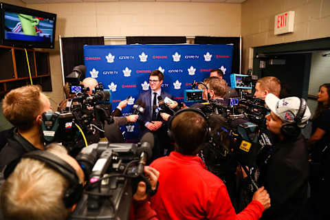 Dec 1, 2018; Saint Paul, MN, USA; Toronto Maple Leafs General Manager Kyle Dubas   Mandatory Credit: David Berding-USA TODAY Sports