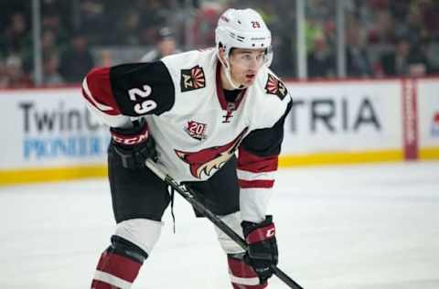 Dec 17, 2016; Saint Paul, MN, USA; Arizona Coyotes forward Brendan Perlini (29) against the Minnesota Wild at Xcel Energy Center. The Wild defeated the Coyotes 4-1. Mandatory Credit: Brace Hemmelgarn-USA TODAY Sports