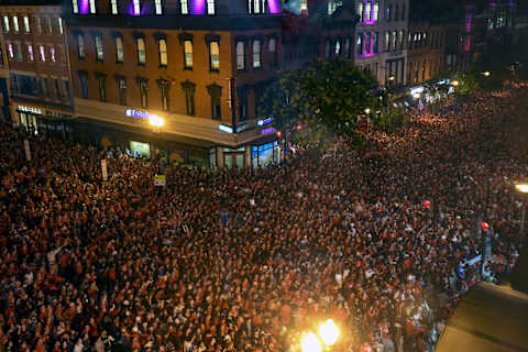 WASHINGTON, DC – JUNE 07: A large crowd gather on 7th Street on June 7, 2018, outside of the Capital One Arena in Washington, D.C. for the viewing party for Game 5 of the Stanley Cup Playoffs. The Washington Capitals defeated the Vegas Golden Knights. 4-3 to win the Stanley Cup. (Photo by Mark Goldman/Icon Sportswire via Getty Images)