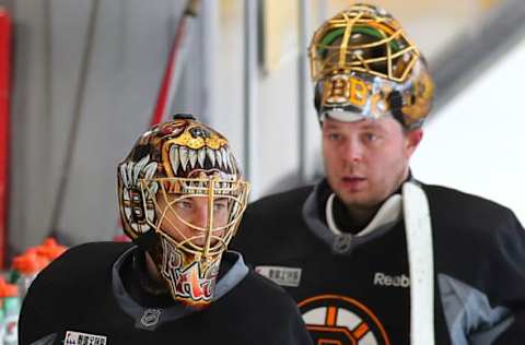 BOSTON – FEBRUARY 8: Boston Bruins goalies Tuukka Rask, left, and Anton Khudobin take a break during a practice with new coach Bruce Cassidy at Warrior Arena in Boston on Feb. 8, 2017. (Photo by John Tlumacki/The Boston Globe via Getty Images)