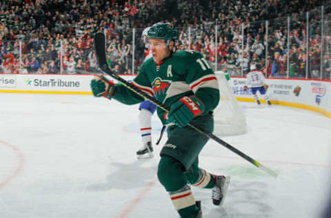 SAINT PAUL, MN – OCTOBER 20: Zach Parise #11 of the Minnesota Wild celebrates after scoring a goal against the Montreal Canadiens during the game at the Xcel Energy Center on October 20, 2019, in Saint Paul, Minnesota. (Photo by Bruce Kluckhohn/NHLI via Getty Images)