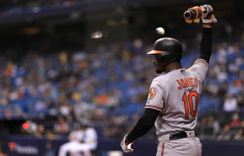 ST PETERSBURG, FL – AUGUST 07: Adam Jones #10 of the Baltimore Orioles looks on in the first inning during a game against the Tampa Bay Rays at Tropicana Field on August 7, 2018 in St Petersburg, Florida. (Photo by Mike Ehrmann/Getty Images)